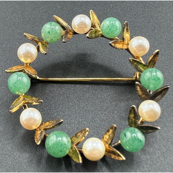 Jewelry - VTG 1940s 1950s Sterling Silver Jade Pearl Wreath Brooch Pendant
